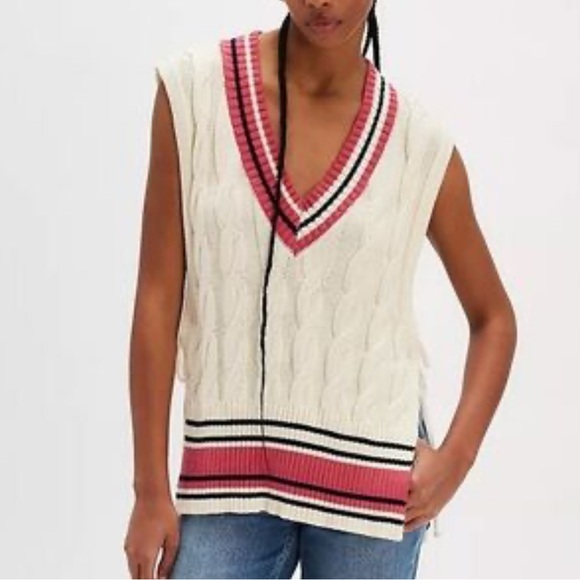 Free People V-Neck Cable Knit Sweater Vest - Cream and Pink - Picture 1 of 3